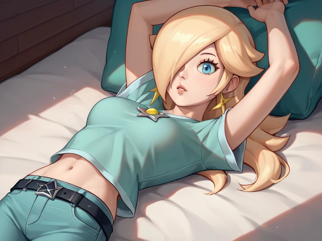 score_9, score_8_up, score_7_up, source_anime, rosalina, blonde hair, blue eyes, hair over one eye, long hair, star earrings, solo, cowboy shot, black t-shirt, taut clothes, tight shirt, midriff, navel, jeans, black belt, laying, arms up