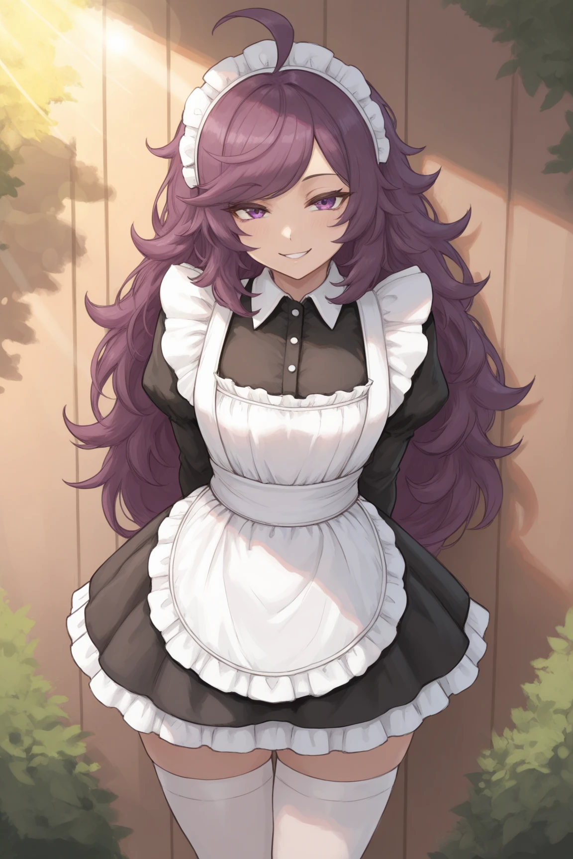 masterpiece, best quality, newest, absurdres, highres, girl, purple eyes,purple  hair, long hair, messy hair but not exaggerated, swept bangs, ahoge, maid outfit  , day, summer, lens flare, sunbeam, the girl is standing, naughty and seductive smile, pressing the spectators against the wall (view of the spectators), maid cafe