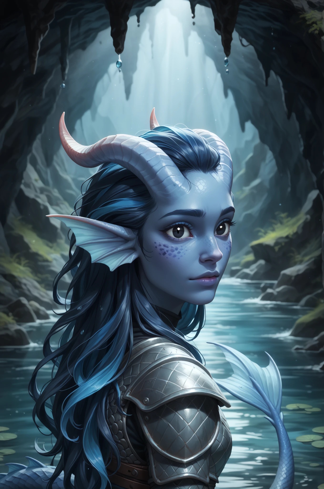 (cedar ), (1Тiefling ,  dark blue-gray skin :1.5), ( very thick long tiefling dragon tail :1.5), ( long black flowing hair with dark blue highlights:1.4), ( the bright blue-black pigmentation on the face :1.5), (blue-black freckles :1.2) , (2 fins on the head:1.4), (bright blue-grey pupils,  Black eyes :1.4), ( blue-black pigmentation on the skin :1.5), ( dark grey straight short horns ), ( blue and black pigmentation on the tail :1.5),  girl  , (kind face), (curiosity ), (35 years old:1.5), (adult:1.2), (chainmail:1.1), (in armor), (you can see pigmentation on his shoulder ), (chainmail), (tail protection), (cave vaults ), ( with a blue crystal cave in the background), (dark), (the tail is behind and wraps around the body), (on the lake shore inside a dark cave ), ( next to a lake with clear clear water and blue crystals on the bottom), stream , scale,  Dark colors , stalagmites ,  stalactites , [многоярусные cave vaults ], [ moss and vegetation on the walls ], [ dark roots hang , pieces of land ], [water is dripping,  dark wet stones of the cave walls ], (precious blue stones in the distance ), (portrait), ( is standing with your back), (looking over shoulder:1.4), ( view from above ), (a cave in the distance filled with blue crystals), ( top quality ), ( masterpiece fails),  ( highest detail ),  fantasy background, blue tones, Dark tones, dark shades,  muted colors. 