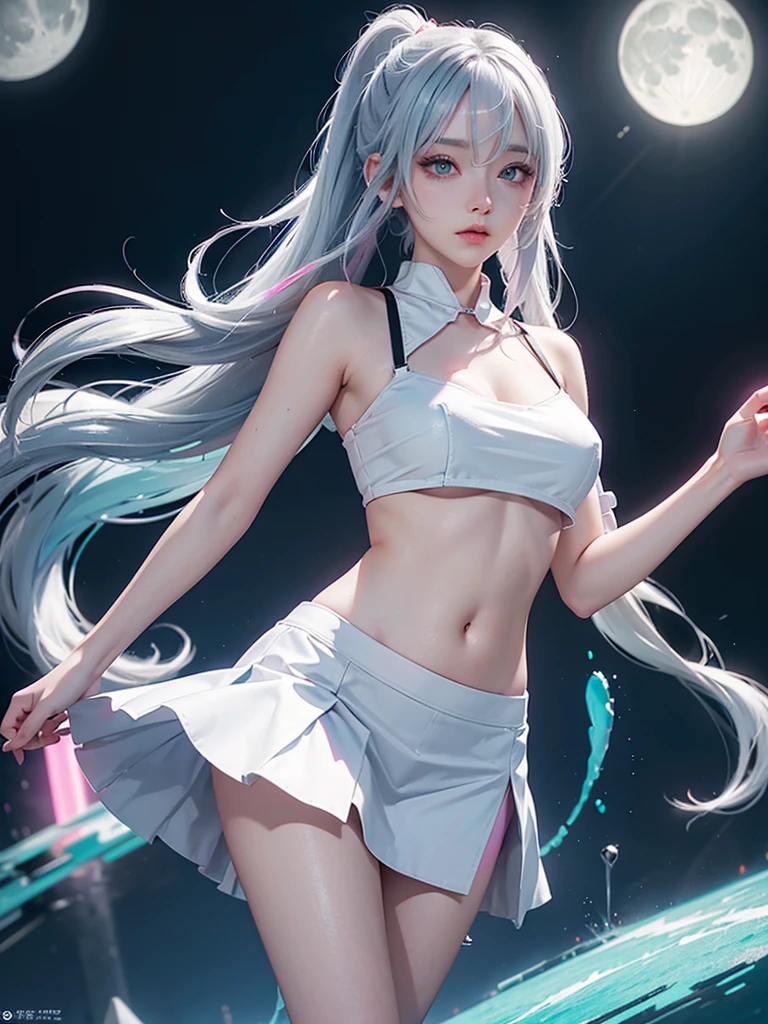Silver long pony tail girl silver eyes have 2 silver wings wearing silver crop top and silver skirt 2 silver socks no shoes and have mini silver crystals aura floating around