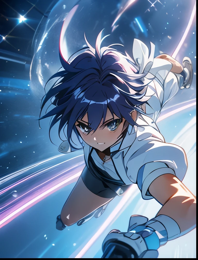 （（（ＳＦＷ、Precision、Highest quality、A first-class masterpiece、Normal body、8k、  Detailed Face 、Ultra-precision、 Normal hand、５refer to、Highest）））、"Magical Girl Lyrical Nanoh"、Subaru-Nakajima 、Navy Hair、 Shorthair、Age 15、 Magical Girl 、 transparent nipple sheer clear ultra-thin sports shirt、White jacket、 white and black shorts 、Open leg upper kick、 Rollerblading 、Revolver Knuckles 、 full of energy、Boar raging 