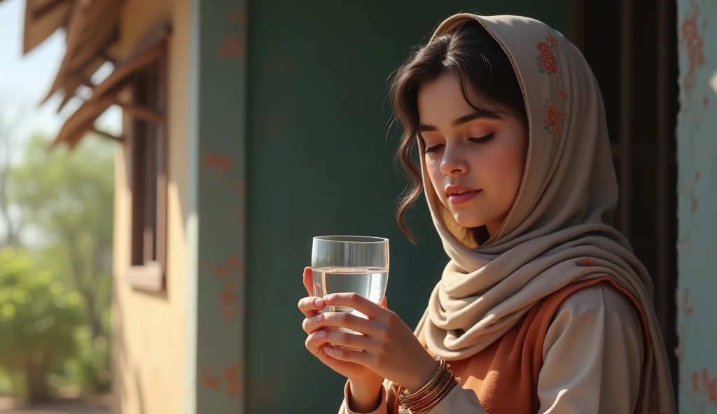 a girl，wearing muslim cloth while drinking water，The water got the clothes wet