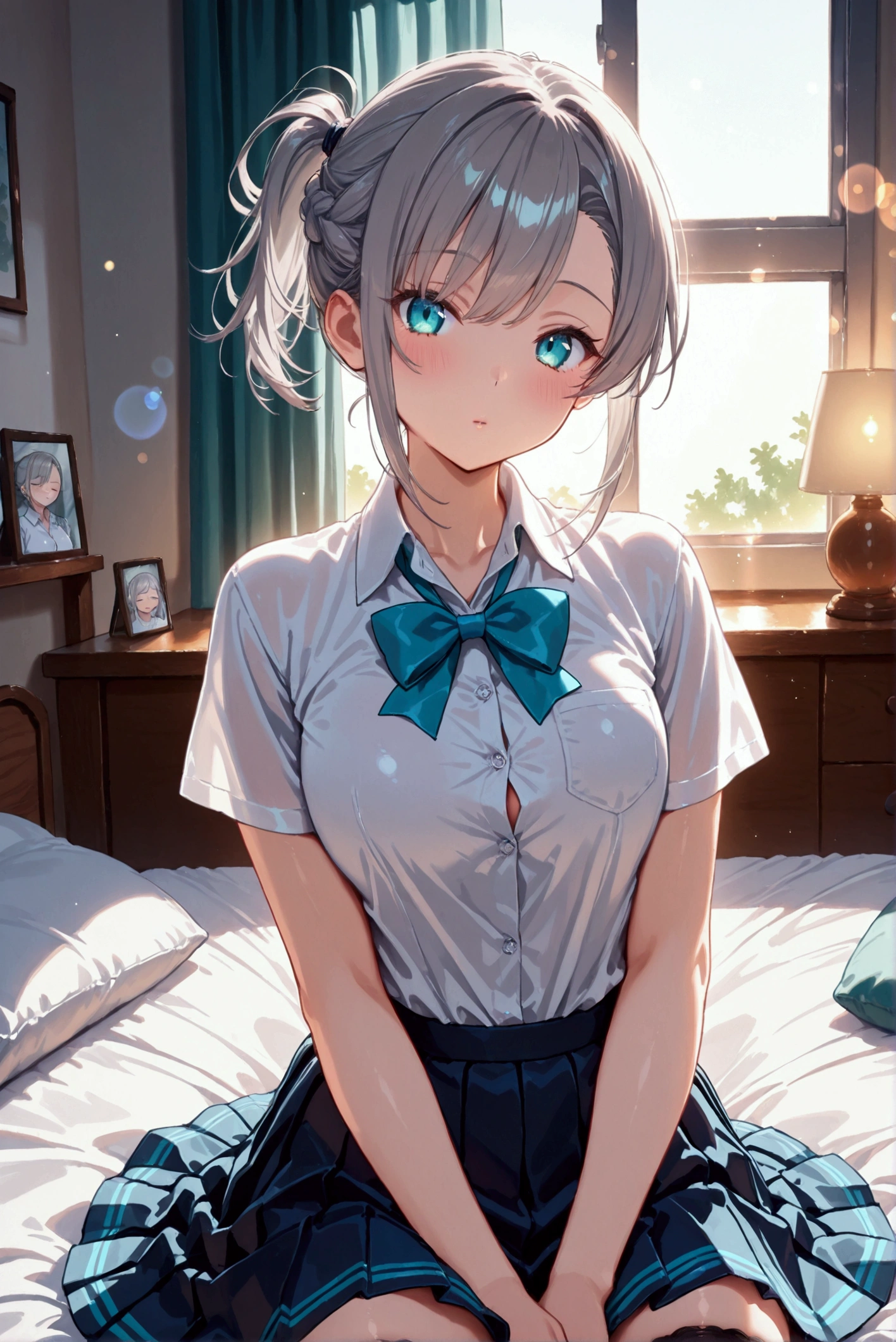 1 Girl, School girl, student, dark blue pleated skirt, skirt, white button shirt that's tucked, black thigh highs, stockings, short hair, back knot hair, grey hair, braided side to ponytail, short ponytail, asymmetrical bangs, turquoise eye color, turquoise eyes, human, cute, sexy, front facing, facing camera, facing viewer front, view, laying, laying down on bed, sleeping, bedroom, bed sheet, covers, cute pose, full body, master piece, best quality, sharp lines, 8k, 8k Ultra HD, bokeh, blurred back ground, f/2.8 Aperture, depth of field