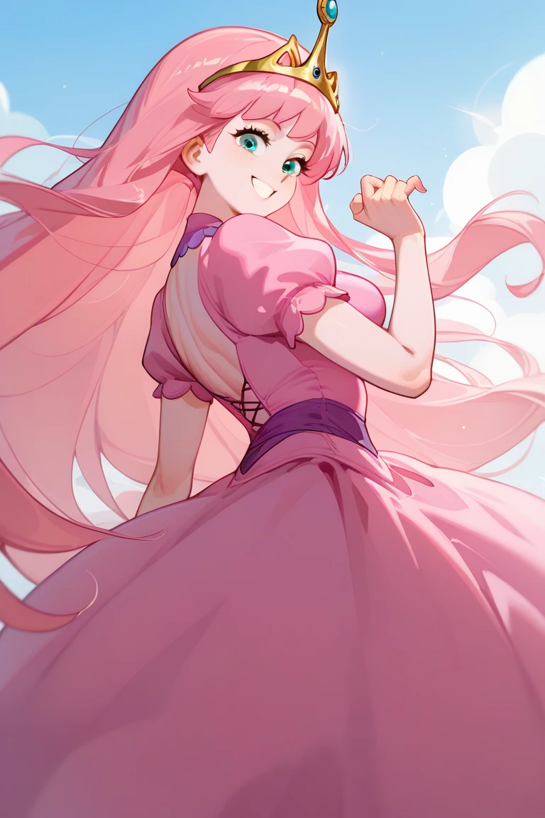 princessbubblegumMArlo,1girl,solo,long hair,smile,dress,very long hair,pink hair,short sleeves,puffy sleeves,puffy short sleeves,colored skin,tiara,pink dress,pink skin, con ropa casual ajustada, jump dynamic pose, ass focus.