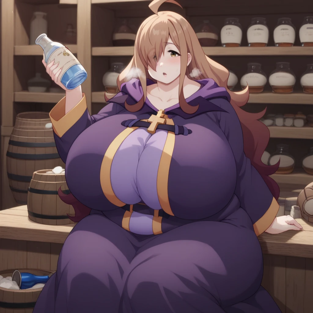 1girl, solo, , bottle, , looking_at_viewer, , shelf , barrel, , Pociones , collarbone, basket , blush , jar , , bangs, indoors , closed_mouth, ,, ,, , bow , pouch ,wiz, ahoge, brown eyes, light brown hair, hair over one eye, long hair,
cross, dress, hood, hood down, jewelry, latin cross, long dress, long sleeves, purple dress, robe, purple robe,huge breast, fat, chubby, obese, gigantic arms and legs, large breasts open mouth, out of breath