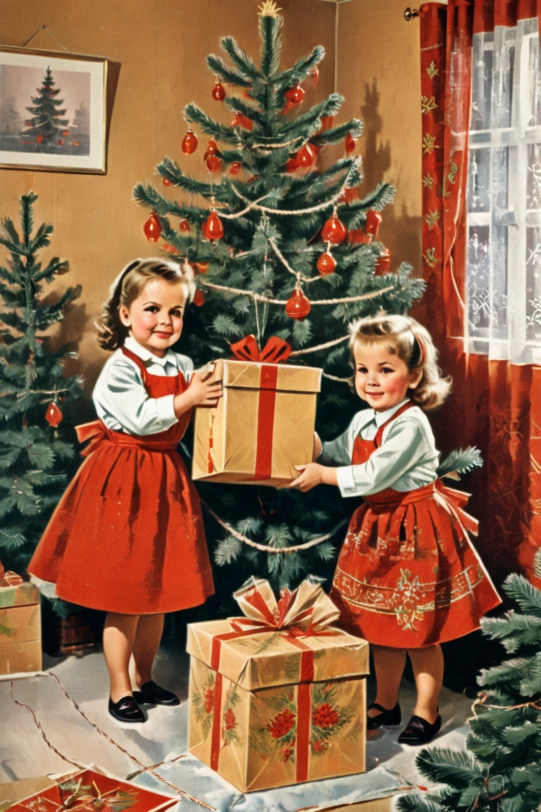 The atmosphere of the USSR ,  mother and daughter with a box wrapped in paper and tied with rope in their hands,  christmas tree ,  room,  Soviet postcard , Joy, retro, 1956


