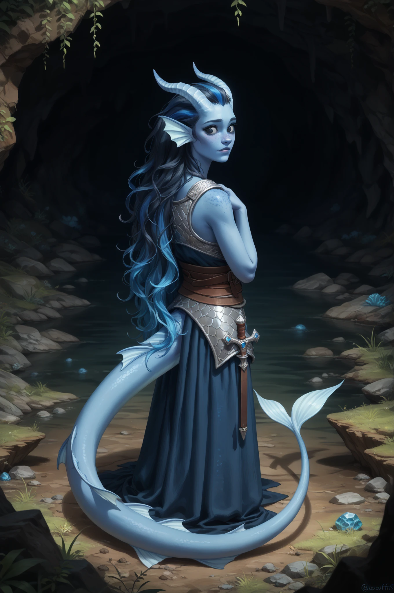 (cedar ), (1Тiefling ,  dark blue-gray skin :1.5), ( very thick long tiefling dragon tail :1.5), ( long black flowing hair with dark blue highlights:1.4), ( the bright blue-black pigmentation on the face :1.5), (blue-black freckles :1.2) , (2 fins on the head:1.4), (bright blue-grey pupils,  Black eyes :1.4), ( blue-black pigmentation on the skin :1.5), ( dark grey straight short horns ), ( blue and black pigmentation on the tail :1.5),  girl  , (kind face), (curiosity ), (35 years old:1.5), (adult:1.2), (chainmail:1.1), (in armor), (you can see pigmentation on his shoulder ), (chainmail), (tail protection), (cave vaults ), ( with a blue crystal cave in the background), (dark), (the tail is behind and wraps around the body), ( on the lake shore inside a dark cave), ( next to a lake with clear clear water and blue crystals on the bottom), stream , scale,  Dark colors , stalagmites ,  stalactites , [многоярусные cave vaults ], [ moss and vegetation on the walls ], [ dark roots hang , pieces of land ], [water is dripping,  dark wet stones of the cave walls ], (precious blue stones in the distance ), (Full-length portrait ), ( is standing with your back), (looking over shoulder:1.4), (visible in full), ( view from above ), (a cave in the distance filled with blue crystals), ( top quality ), ( masterpiece fails),  ( highest detail ),  fantasy background, blue tones, Dark tones, dark shades,  muted colors. 