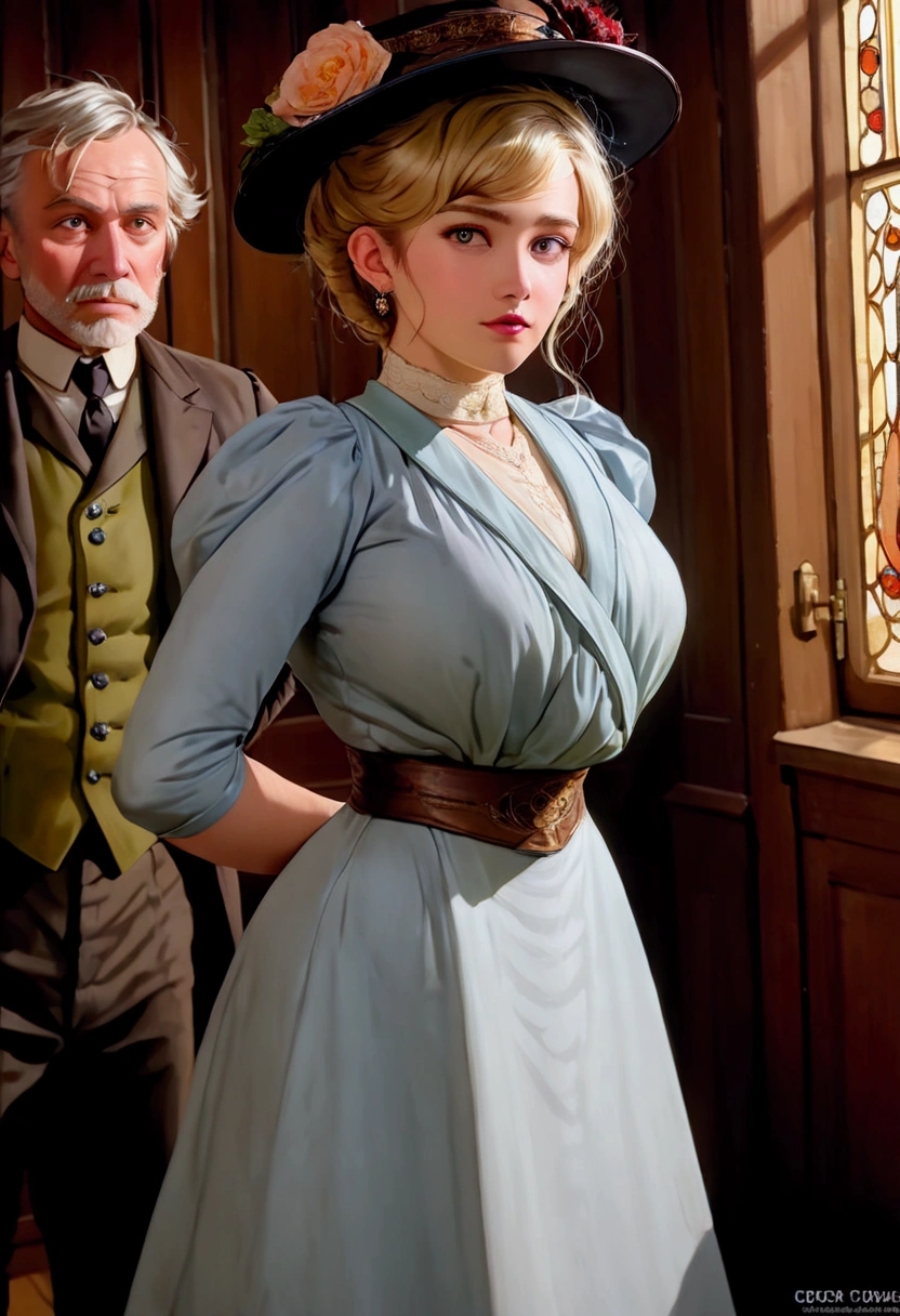 a voluptuous 14yo blonde gibson girl, (((seducing an unattractive horny 69yo man standing behind her))), 1900_dr3ss. Girl wearing an elegant Edwardian gown and hat. Man wearing a suit. Teen girl and Old Man. photorealistic, dramatic lighting, cinematic, intricate details, high quality, masterpiece, vivid colors, HDR, UHD, studio lighting, ultra-fine painting, sharp focus, extreme detail description, professional, portraits, warm color tones