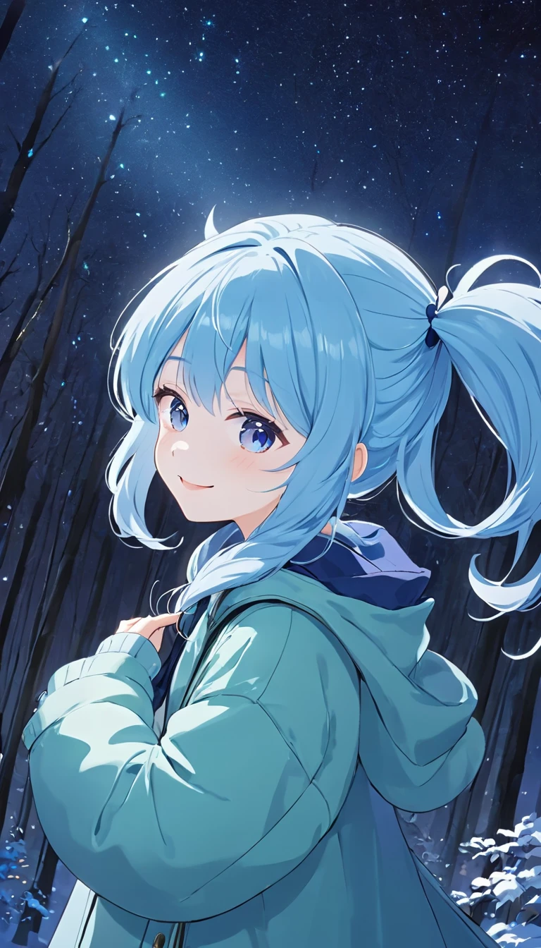 The sky is shining brightly、 the Big Dipper shines 、 Light Blue Long Hair 、 a beautiful girl with a twin-tail hairstyle、smile、 closeup 、 I look up at the night sky、Clear air、 the Big Dipper shines 、warm green long down coat、In the mysterious forest 、