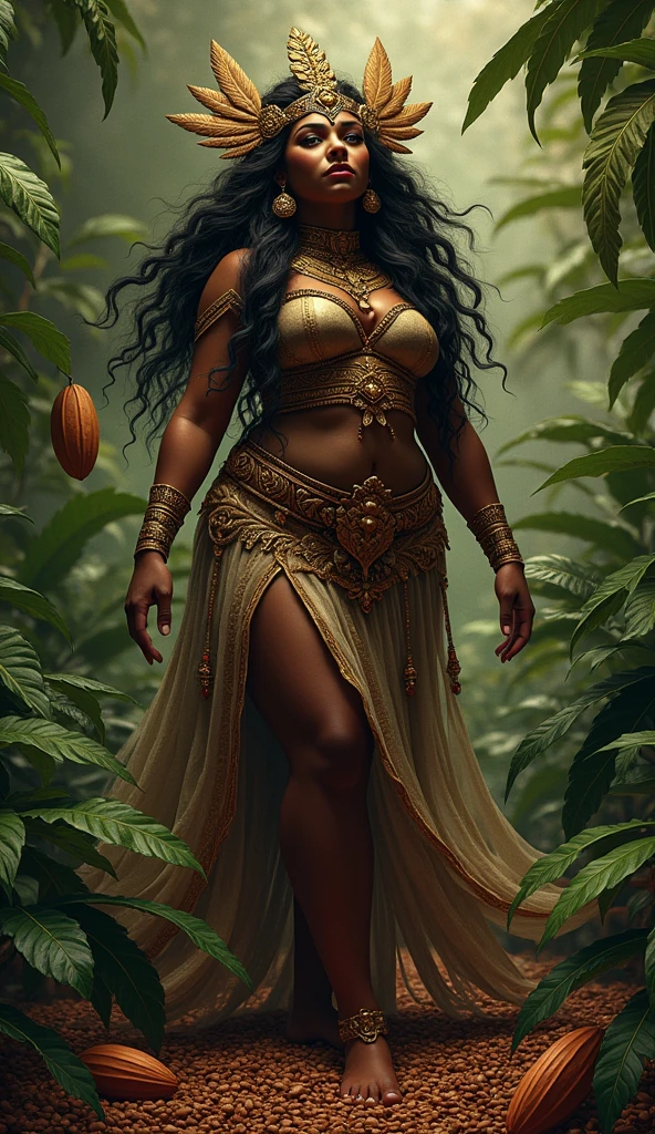 dark skinned African girl, a portrait of a babe temptress , druid, leaf robe, perfect face, pretty face, brown eyes, afro curls, flat chest, lush detail, absurdres, clothes made of leaves, full body shot,