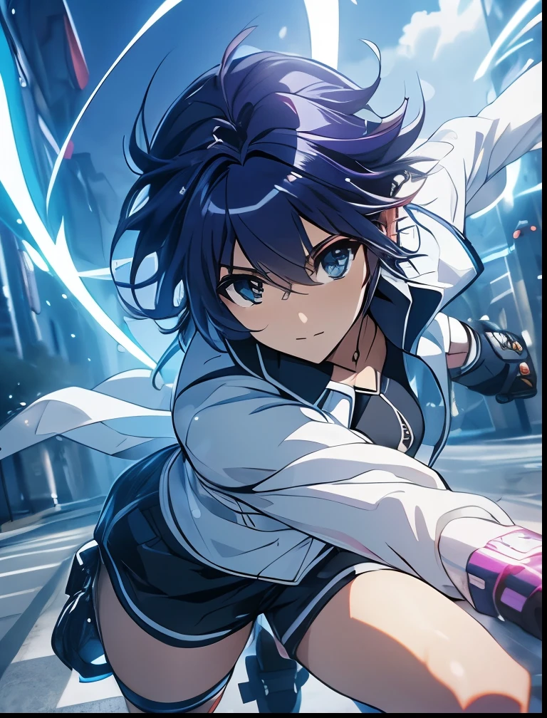 (((SFW、Precision、Highest quality、A first-class masterpiece、Normal body、8k、 Detailed Face 、Ultra-precision、 Normal hand、5refer to、Highest)))、"Magical Girl Lyrical Nanoh"、Subaru-Nakajima 、Navy Hair、 Shorthair、Age 15、 Magical Girl 、 transparent nipple sheer clear ultra-thin sports shirt、White jacket、 white and black shorts 、Open leg upper kick、 Rollerblading 、Revolver Knuckles 、 full of energy、Boar raging