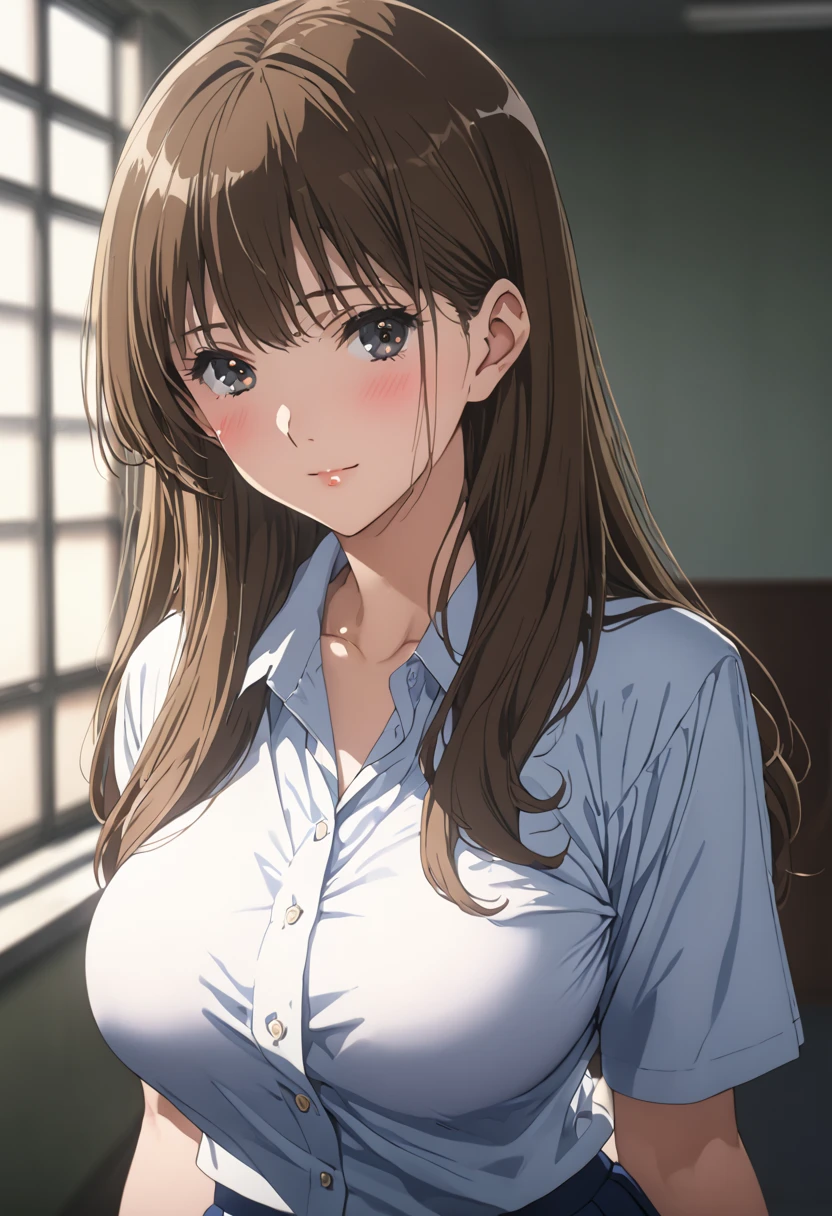 masterpiece, BestQuality, High resolution,16k,official art,super detailed skin,detailed,animated painting,(kuroe mayu:1.3),1990s \(style\),(F-cup beautiful breasts:1.3), clevage,(tall:1.2),height: 170cm,Fashion model body type,black eyes,brown hair,long hair,(highschool uniform,white shirt,navy mini skirt:1.3)、1girl,solo,nsfw,sexy,cool face,light smile,shy,blush,Anime-style painting style,Close up on full body,Cinematic lighting,Superfine,in the school