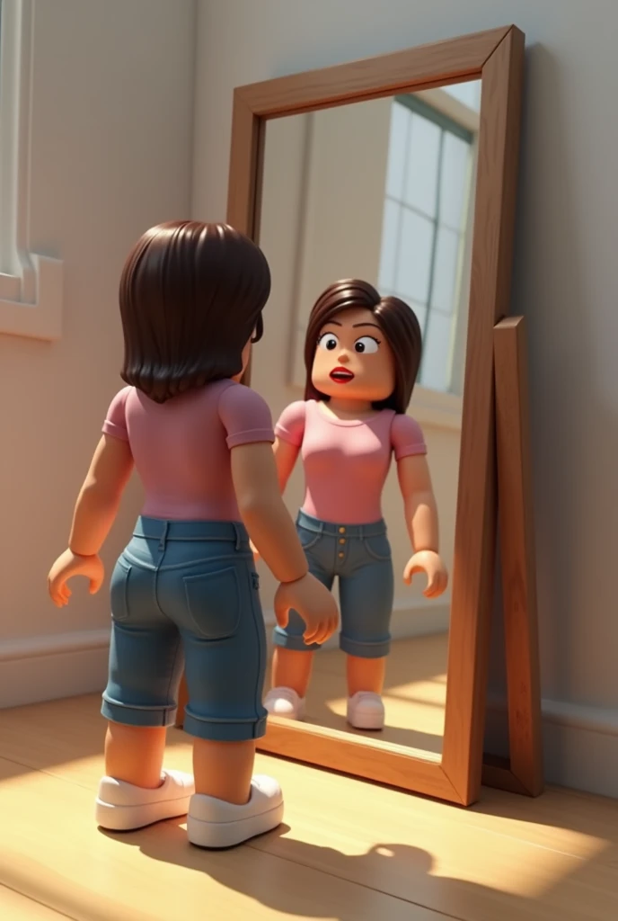  The Roblox avatar is standing in front of a large mirror , de cuerpo entero.  The mirror could have a simple or modern frame ,  depending on the style you prefer for the scene  ( can be minimalist or with decorative details ).
The avatar has a relaxed pose ,  fit by looking in the mirror while changing clothes or simply looking at .
 You can show the avatar with a facial expression that denotes curiosity or emotion, as if you were seeing how well your new clothes fit in 512x512 resolution