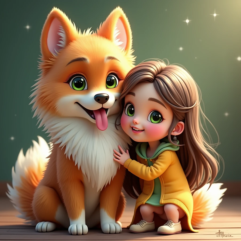  Real-cartoon-fairy-tale world , high quality ,  highly detailed ,  hyperrealistic ,  extremely realistic ,  photorealistic , 8k,  Spitz breed dog , multicolored fur ,   The fur is soft as cotton wool and very shaggy ,  He has green bright eyes with sparkles,  next to her is a girl with long hair ,  the dog catches the girl on the handles 