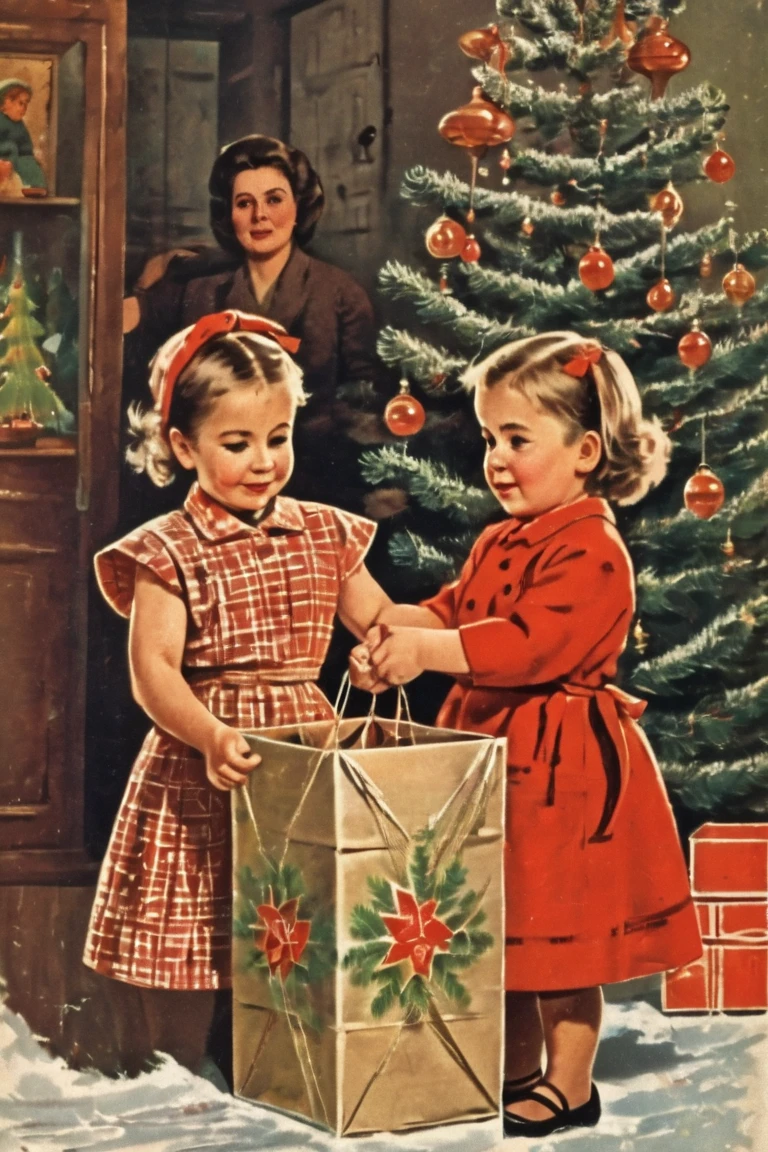 The atmosphere of the USSR ,  mother and daughter with a box wrapped in paper and tied with rope in their hands,  christmas tree ,  room,  Soviet postcard , Joy, retro, 1956


