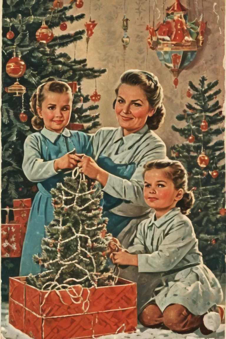 The atmosphere of the USSR ,  mother and daughter with a box wrapped in paper and tied with rope in their hands,  christmas tree ,  room,  Soviet postcard , Joy, retro, 1956


