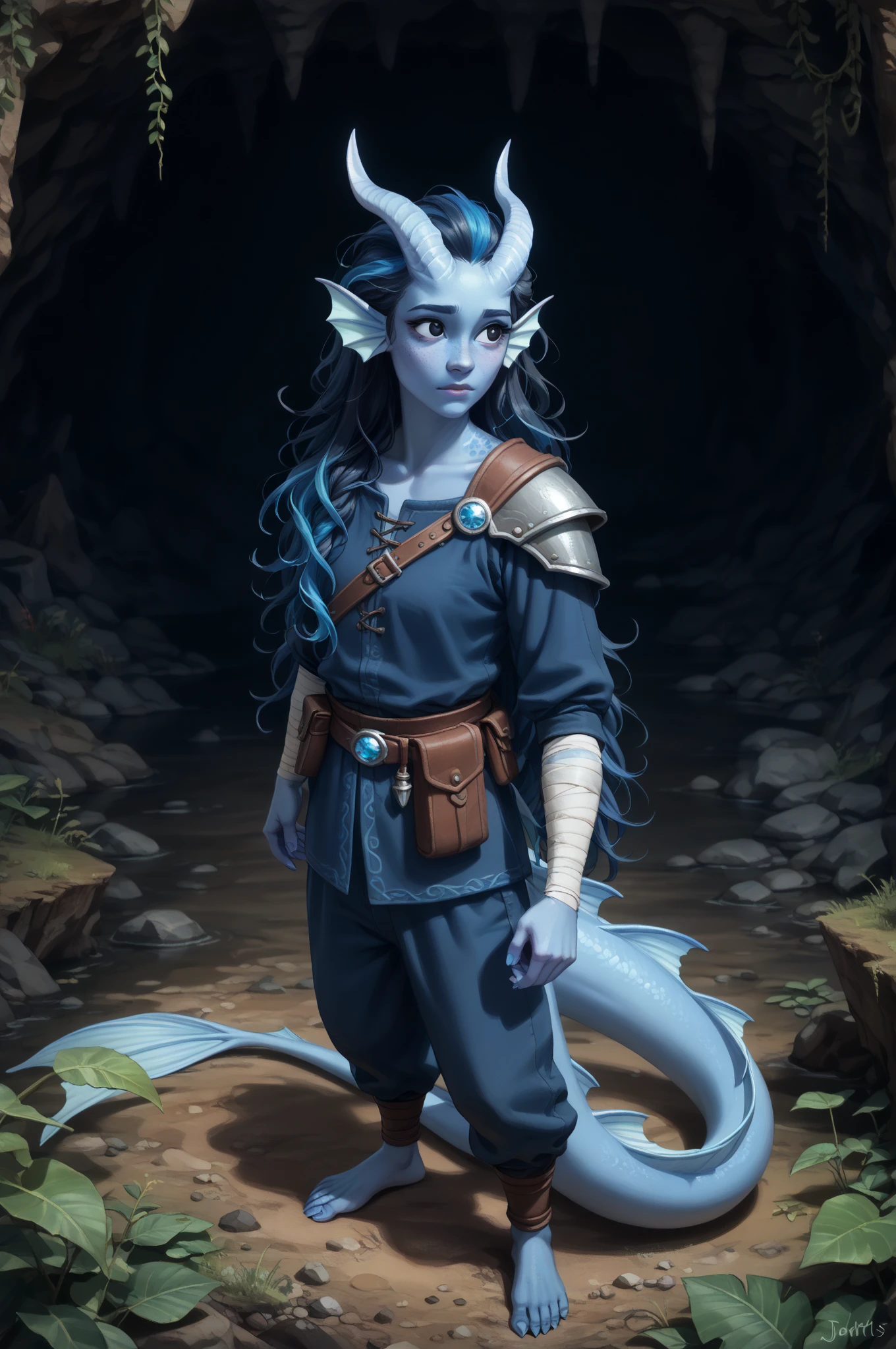 (cedar ), (1Тiefling ,  dark blue-gray skin :1.5), ( very thick long tiefling dragon tail :1.5), ( long black flowing hair with dark blue highlights:1.4), ( the bright blue-black pigmentation on the face :1.5), (blue-black freckles :1.2) , (2 fins on the head:1.4), (bright blue-grey pupils,  Black eyes :1.4), ( blue-black pigmentation on the skin :1.5), ( dark grey straight short horns ), ( blue and black pigmentation on the tail :1.5),  girl  , (kind face), (curiosity ), (35 years old:1.5), (adult:1.2), (chainmail:1.1), (in armor), [medieval pants], (you can see pigmentation on his shoulder ), (chainmail), (tail protection), (cave vaults ), ( with a blue crystal cave in the background), (dark), (the tail is behind and wraps around the body:1.2), (old book on a chain on a belt), (on the lake shore inside a dark cave ), ( next to a lake with clear clear water and blue crystals on the bottom), stream , scale,  Dark colors , stalagmites ,  stalactites , [многоярусные cave vaults ], [ moss and vegetation on the walls ], [ dark roots hang , pieces of land ], [water is dripping,  dark wet stones of the cave walls ], (precious blue stones in the distance ), (Full-length portrait ), ( is standing with your back), (looking over shoulder:1.4), (visible in full), ( view from above ), (a cave in the distance filled with blue crystals), ( top quality ), ( masterpiece fails),  ( highest detail ),  fantasy background, blue tones, Dark tones, dark shades,  muted colors. 