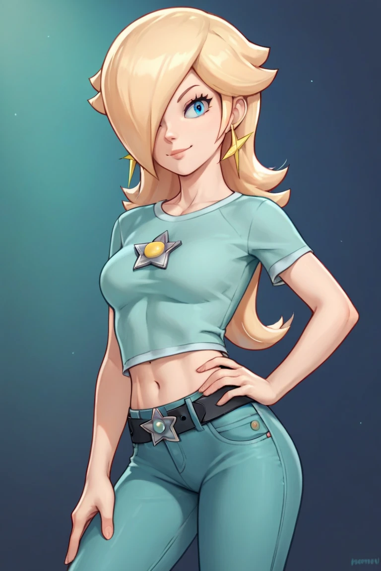 score_9, score_8_up, score_7_up, source_anime, rosalina, blonde hair, blue eyes, hair over one eye, long hair, star earrings, solo, cowboy shot, black t-shirt, taut clothes, tight shirt, midriff, navel, jeans, black belt, smirk, hand on hip