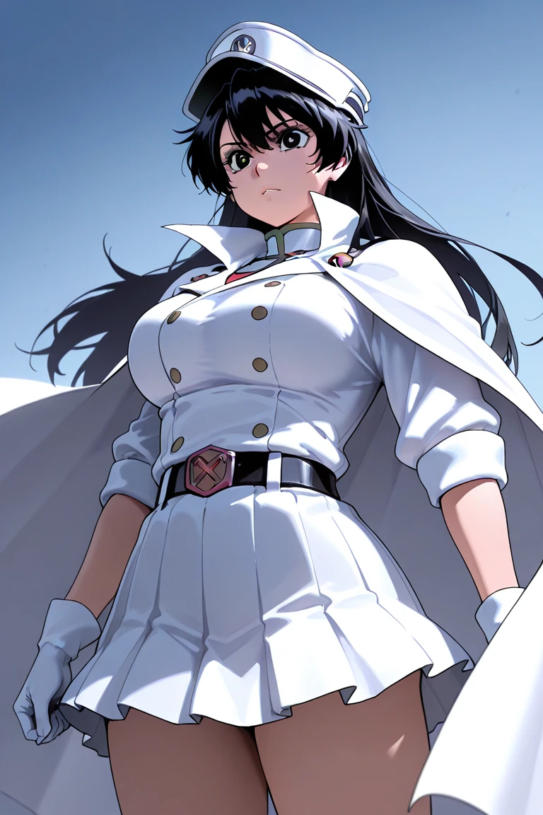 ソロ、bambietta basterbine, long hair, black hair, black eyes, large breasts,skirt, gloves, belt, cape, cloak, white cloak,