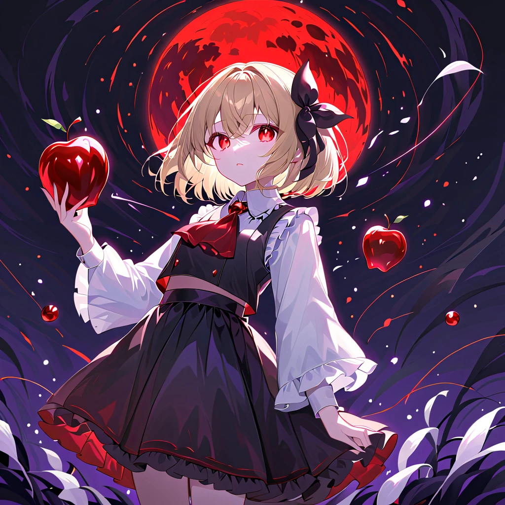 silhouette style, darkness, red and black power effect, flying black lily petal, glowing eyes, best quality, It's so beautiful that my eyes are dizzy, 1 girl, Rumia, sitting on stone, 1 girl, solo, blond hair, short hair, hair ribbon, red eyes, clear eyes, beautiful, clear eyes that look like jewels, ((holding a shining transparently a red and black gradation darkness power apple)), black vest, red ascot, black midi skirt, white shirt, white sleeves, long sleeves, white ankle socks, black loafer, from side, look apple, look away, from below, dutch angle, black background, back light, a red moon, crepuscular rays, faint light, looking away, star sky, night, dark forest, dark purple darkness power and black lily and white lily of the valley surrounding,  shining eyes, the most beautiful eyes, the most beautiful skin, the most beautiful face, the most delicate eyes, the most delicate skin, sparkle, star \(symbol\), Beautiful color palette, maximum facial detail, maximum eye detail, maximum skin detail, maximum background detail, maximum hand detail, maximum hair detail, maximum light detail, maximum props detail, 