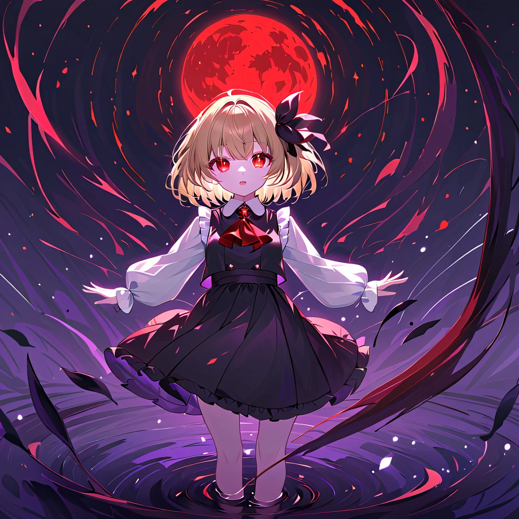 silhouette style, darkness, red and black power effect, flying black lily petal, glowing eyes, best quality, It's so beautiful that my eyes are dizzy, 1 girl, Rumia, sitting on stone, 1 girl, solo, blond hair, short hair, hair ribbon, red eyes, clear eyes, beautiful, clear eyes that look like jewels, ((holding a shining transparently a red and black gradation darkness power apple)), black vest, red ascot, black midi skirt, white shirt, white sleeves, long sleeves, white ankle socks, black loafer, from side, look apple, look away, from below, dutch angle, black background, back light, a red moon, crepuscular rays, faint light, looking away, star sky, night, dark forest, dark purple darkness power and black lily and white lily of the valley surrounding,  shining eyes, the most beautiful eyes, the most beautiful skin, the most beautiful face, the most delicate eyes, the most delicate skin, sparkle, star \(symbol\), Beautiful color palette, maximum facial detail, maximum eye detail, maximum skin detail, maximum background detail, maximum hand detail, maximum hair detail, maximum light detail, maximum props detail, 