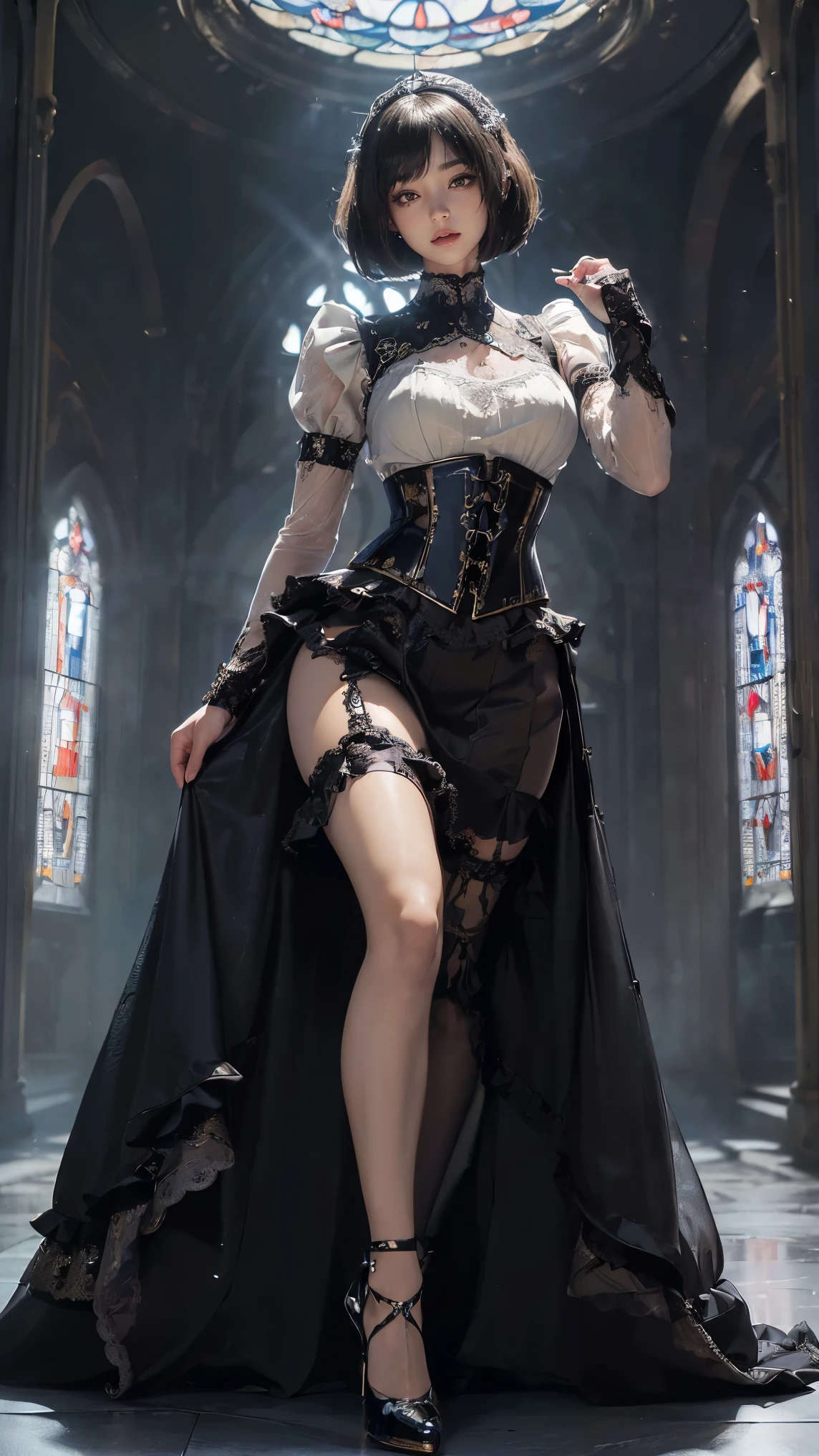 Steampunk, a heavy atmosphere, Medieval cityscape, White costume, steams, (NSFW), 1womanl, 独奏, 24 year old, 7headed body, (Ideal ratio body proportions), (Composition from head to thigh), erectile nipple, Sexy body, Wet, short-hair, Dark hair, small tits, A slender, Small buttocks, beauty legs, Skinny Legs, surrealism, Cinematic lighting, depth of fields, One-person viewpoint, F/1.8, 135 mm, nffsw, masutepiece, ccurate, ((Anatomically correct)), Textured skin, Super Detail, high details, High quality, awardwinning, Best Quality, hight resolution, 8K