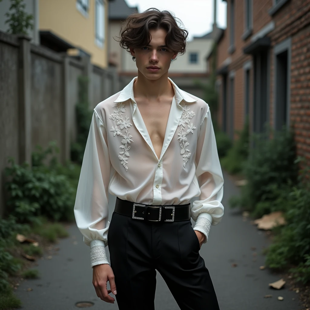 (absurdres, highres, ultra detailed, HDR), masterpiece, best quality, Character handsome 18 years old bmale , leaning against the terrace wall , ((naked with exposed vagina)), earring and necklace, wearing unbottoned longsleeves, red lips, angry eyebrowse, with sunglasses and shoes, street background, hd, high quality