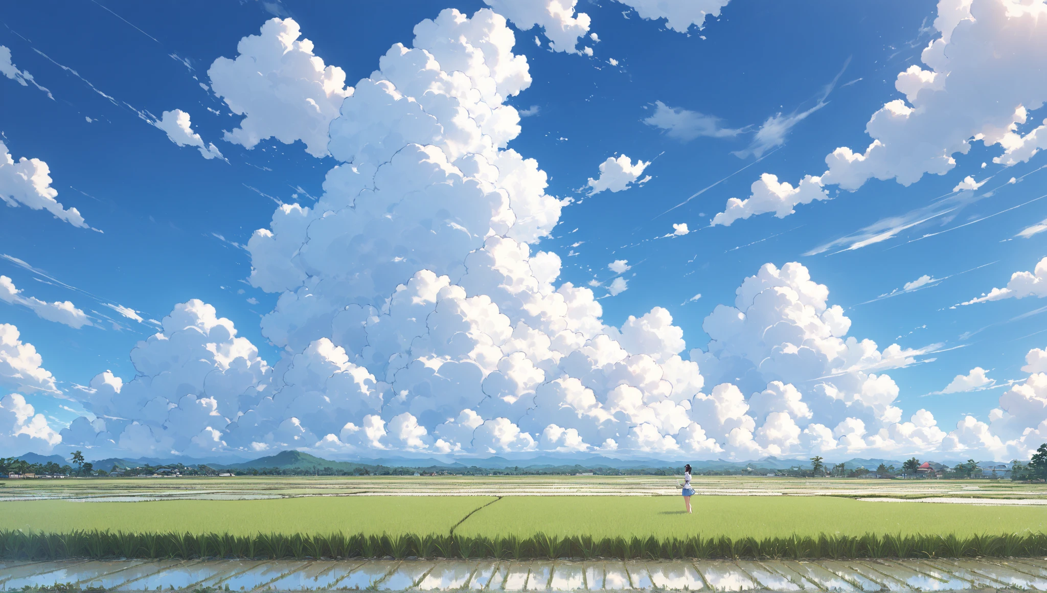 High school uniform showing the whole body  、Big Breasts、Plain shirt with short sleeves 、 The light blue miniskirt is turned up and the panties are visible、  rice paddies spread to the horizon  、Clear sky and cumulonimbus clouds  