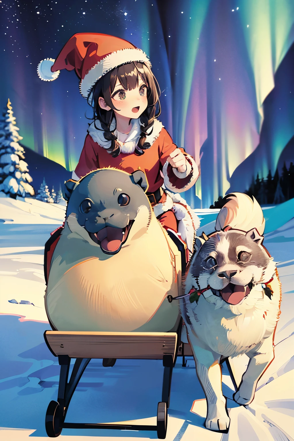 ((spheal), Spheal is wearing a Santa Claus hat and mixing with a dog sledding to pull a sled, Santa Claus girl riding a sleigh , Northern ice floes , Night Sky and Aurora ,  high res,  detailed description ,  Masterpiece, Animation Award-winning film 