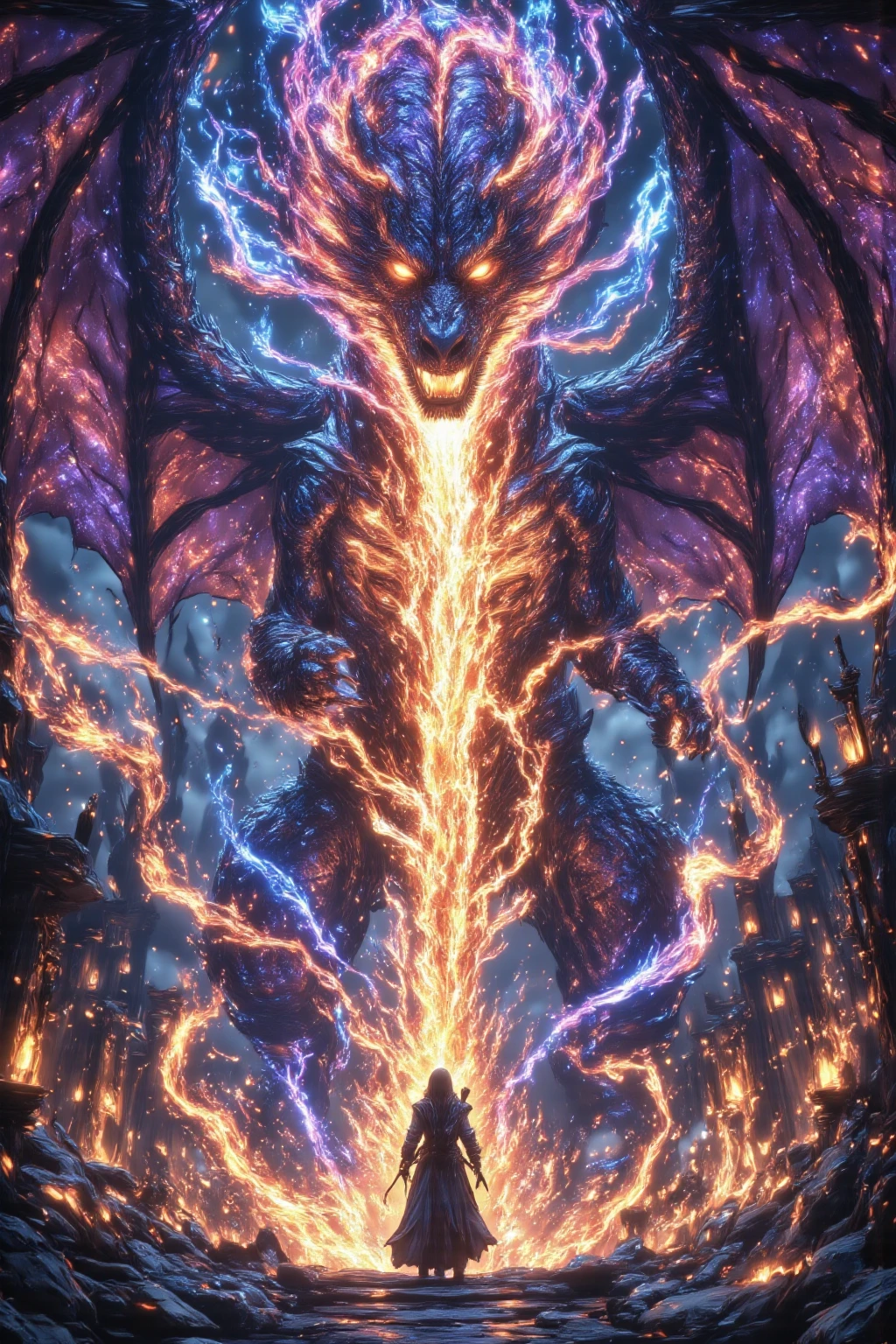 fantasy, Стиль  fantasy,  Very Big Dragon with beautiful overflowing scales, breathes fire,  huge wings ,  The Archer Looks at the Dragon in the Robe Holding the bow ,  fantasy,  masterpiece fails, 8 k,  complex , bright colors, 3D background , wallpaper,  Lots of Details ,  magic and magic ,