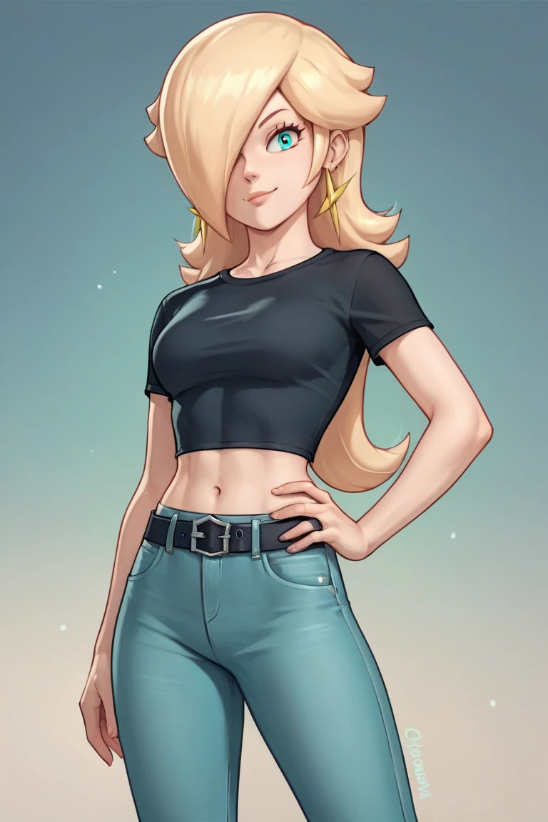 score_9, score_8_up, score_7_up, source_anime, rosalina, blonde hair, blue eyes, hair over one eye, long hair, star earrings, solo, cowboy shot, black t-shirt, taut clothes, tight shirt, midriff, navel, jeans, black belt, smirk, hand on hip