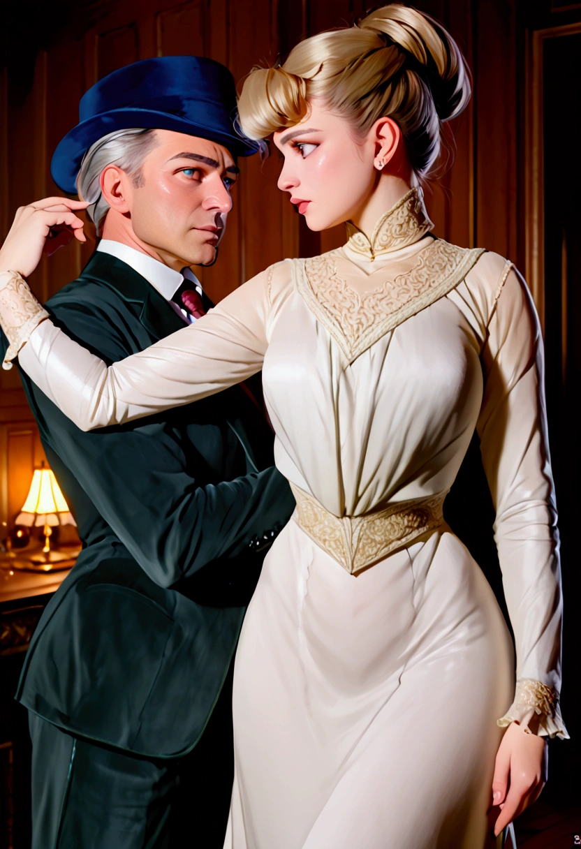 a voluptuous yo blonde gibson girl, (((seducing an unattractive horny 69yo man standing behind her))), 1900_dr3ss. Girl wearing an elegant Edwardian gown and hat. Man wearing a suit. Teirl and Old Man. photorealistic, dramatic lighting, cinematic, intricate details, high quality, masterpiece, vivid colors, HDR, UHD, studio lighting, ultra-fine painting, sharp focus, extreme detail description, professional, portraits, warm color tones. Dry-hump, NSFW