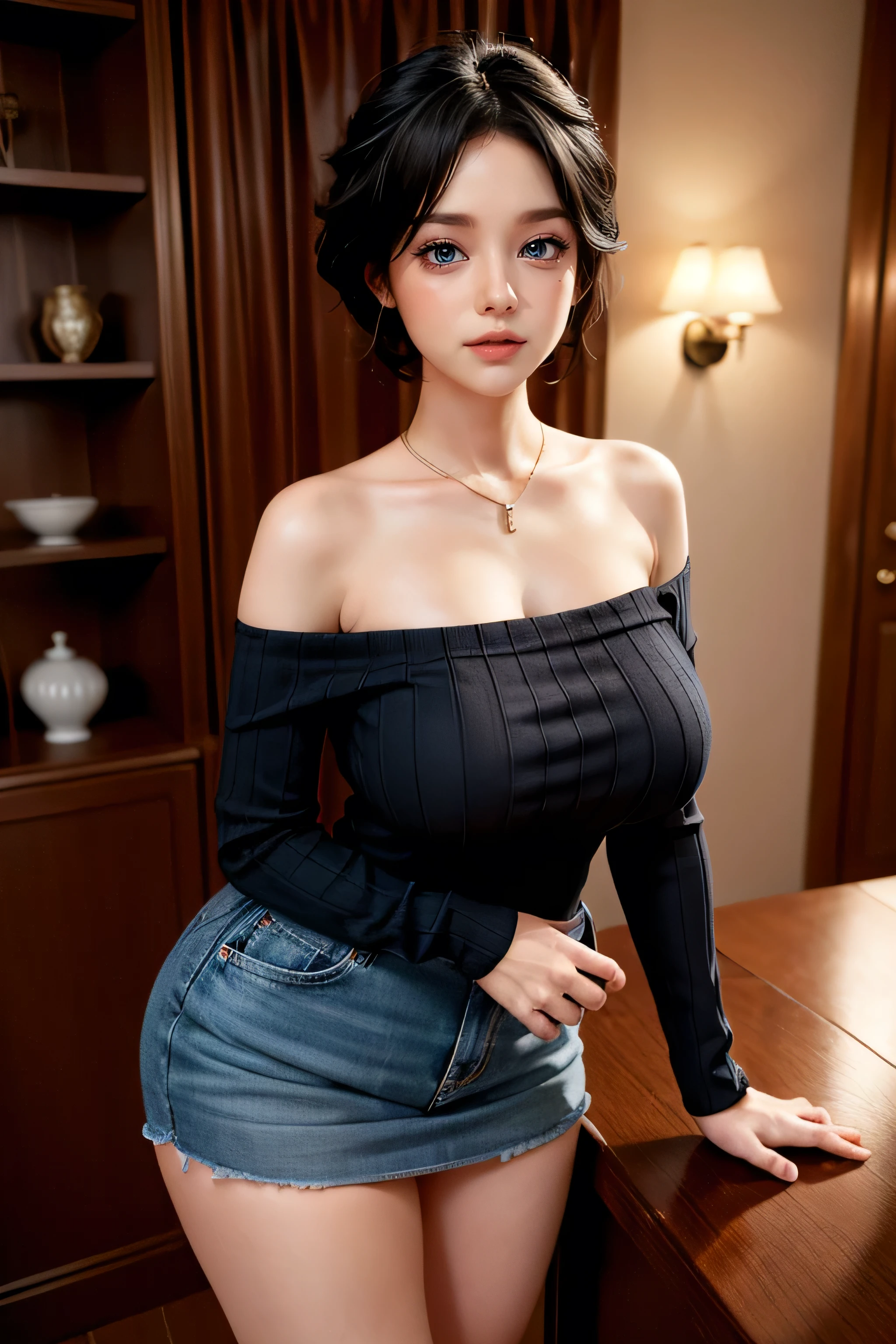 (best quality, ultra-detailed, photorealistic: 1.39), Face of naughty 35 year old teenager, Girl in love with huge breasts, bright and vibrant colors, studio lighting, beautiful detailed red off-shoulder sweater:1.2 , sensual white mini skirt, elegant makeup,lips bright, sexy pose, beautiful roses, smiling confidently and seductively, posing for a professional photo shoot, shallow depth of field, soft natural lighting, creating a dreamy and magical atmosphere. In the clothing store, beautiful store
