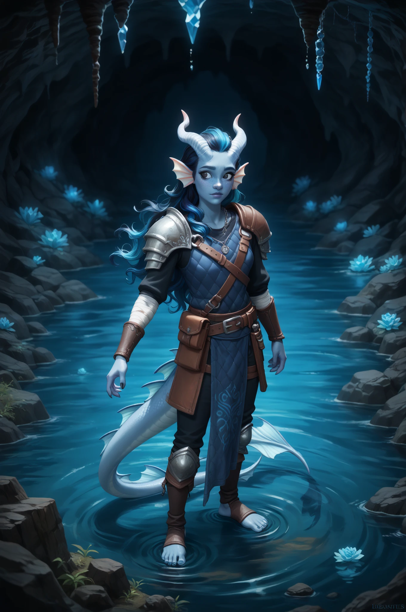 (cedar ), (1Тiefling ,  dark blue-gray skin :1.5), ( very thick long tiefling dragon tail :1.5), ( long black flowing hair with dark blue highlights:1.4), ( the bright blue-black pigmentation on the face :1.5), (blue-black freckles :1.2) , (2 fins on the head:1.4), (bright blue-grey pupils,  Black eyes :1.4), ( blue-black pigmentation on the skin :1.5), ( dark grey straight short horns ), ( blue and black pigmentation on the tail :1.5),  girl  , (kind face), (curiosity ), (35 years old:1.5), (adult:1.2), (chainmail:1.1), (in armor), [medieval pants], (you can see pigmentation on his shoulder ), (chainmail), (tail protection), (cave vaults ), ( with a blue crystal cave in the background), (dark), (the tail is behind and wraps around the body:1.2), (legs wrapped in cloth ), (the feet are wrapped in cloth),  (old book on a chain on a belt), ( on the lake shore inside a dark cave), ( near a lake with clear clear water and blue crystals on the bottom), stream , scale,  Dark colors , stalagmites ,  stalactites , [многоярусные cave vaults ], [ moss and vegetation on the walls ], [ dark roots hang , pieces of land ], [water is dripping,  dark wet stones of the cave walls ], (precious blue stones in the distance ), (Full-length portrait ), ( is standing with your back), (looking over shoulder:1.4), (visible in full), ( view from above ), (a cave in the distance filled with blue crystals), ( top quality ), ( masterpiece fails),  ( highest detail ),  fantasy background, blue tones, Dark tones, dark shades,  muted colors. 