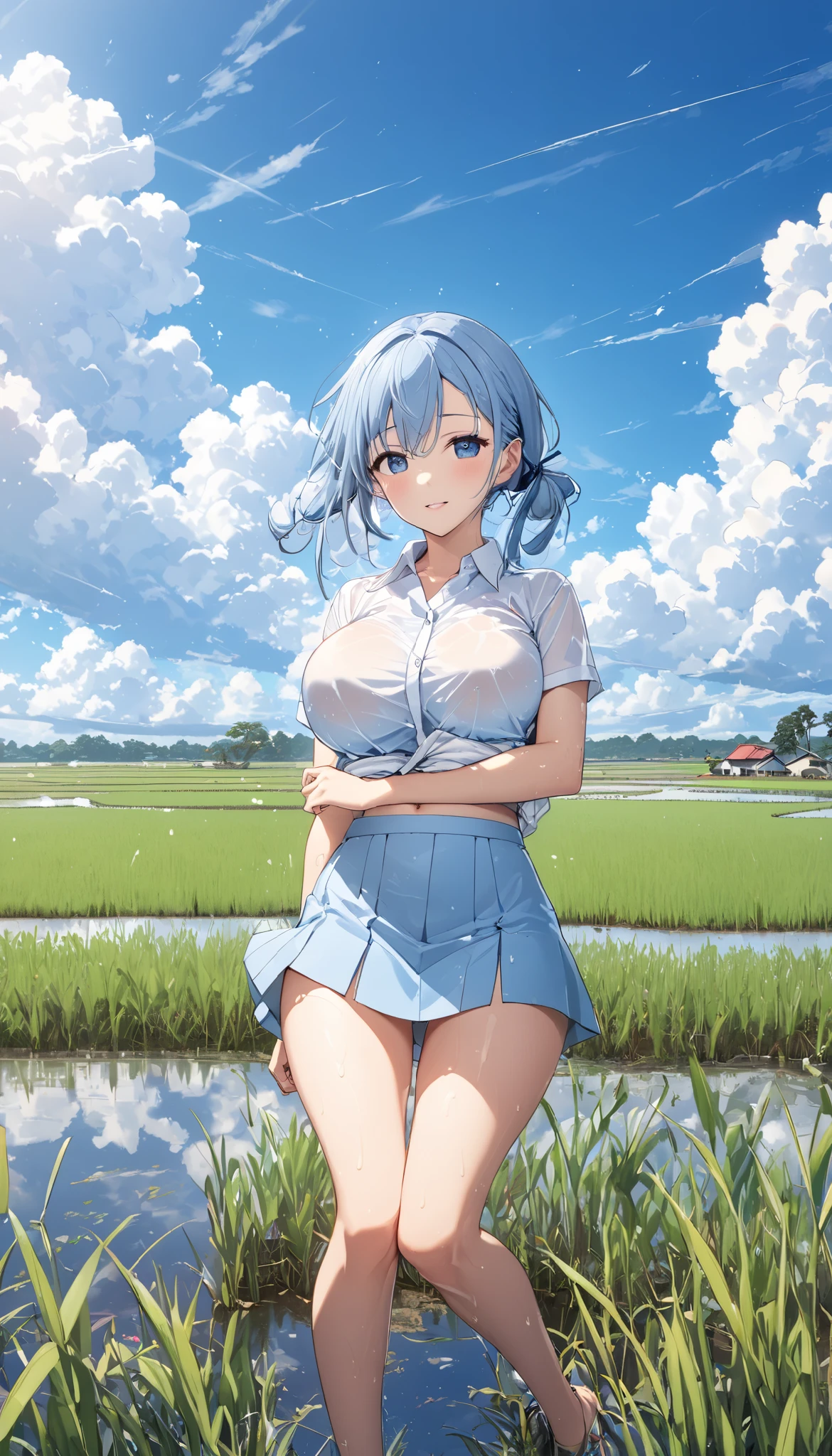  high school girl uniform with the upper half tied 、Big Breasts、wet short sleeve plain shirt、Girls&#39; Underwear、The light blue miniskirt rolls up and the panties are visible、 rice paddies roll up to the horizon 、Clear skies and cumulonimbus clouds 