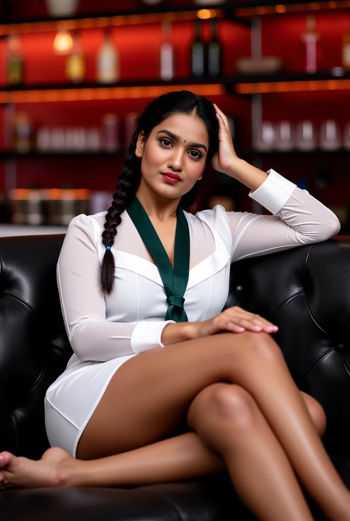 beautiful cute indian school girl , in barefoot, Large breast size , 20 years old, wearing a white frock and a dark green tie. She has plaits, black braided long hair, in barefoot, beautiful feet, correct anatomy of other body parts, beaming with happiness as she poses in a night club, brown skin tone, sweaty skin, thighs are exposed, better pose, full body view, leaning back to sofa, cross leg pose