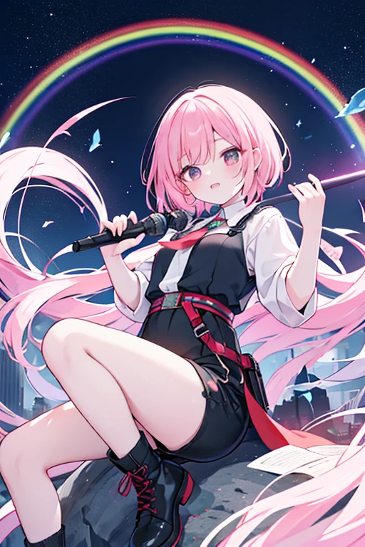  top quality , Super fine, 16k, 2.5D, whole, long boots, black shorts 、red系のロングドレス, Delicate and Dynamic Depiction ,Mars,Floating in the sky,Rock singer,red, pink short hair-,Play sacred sounds with beautiful game characters' singing voices,  Transparent, translucent, and rainbow-colored barriers break , Game Production Effects , A mysterious background where forest and city coexist,  fantasy world ,  Lens Filters 