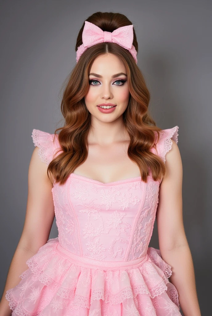 Slim tall athletic woman, age 25, 8k (High definition), looks like ElenaKoshkaQuiron, beautiful, facing straight at the camera, innocent, seducing gaze, blue big bug eyes, wearing a frilly pink ****ta dress, sissy, high petticoat skirt, bow in her hair, bow in her hair, white stockings, dressed in a sexy pink maid outfit, Caucasian pale skin, drag queen makeup, wavy thick brown wig ((at shoulder height)), curvy, small perky breasts, selfie, for instagram, smiling