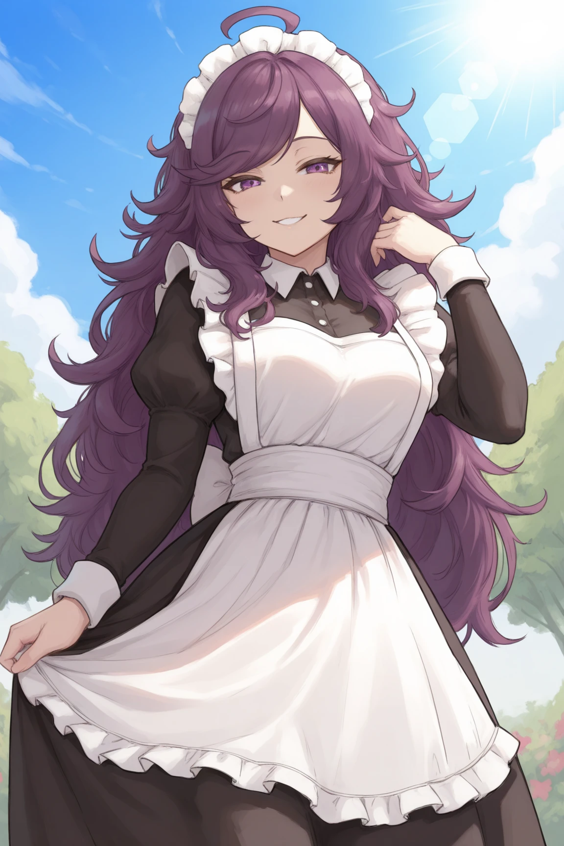 masterpiece, best quality, newest, absurdres, highres, girl, purple eyes,purple  hair, long hair, messy hair but not exaggerated, swept bangs, ahoge, maid outfit  , day, summer, lens flare, sunbeam, the girl is standing, naughty and seductive smile, maid cafe