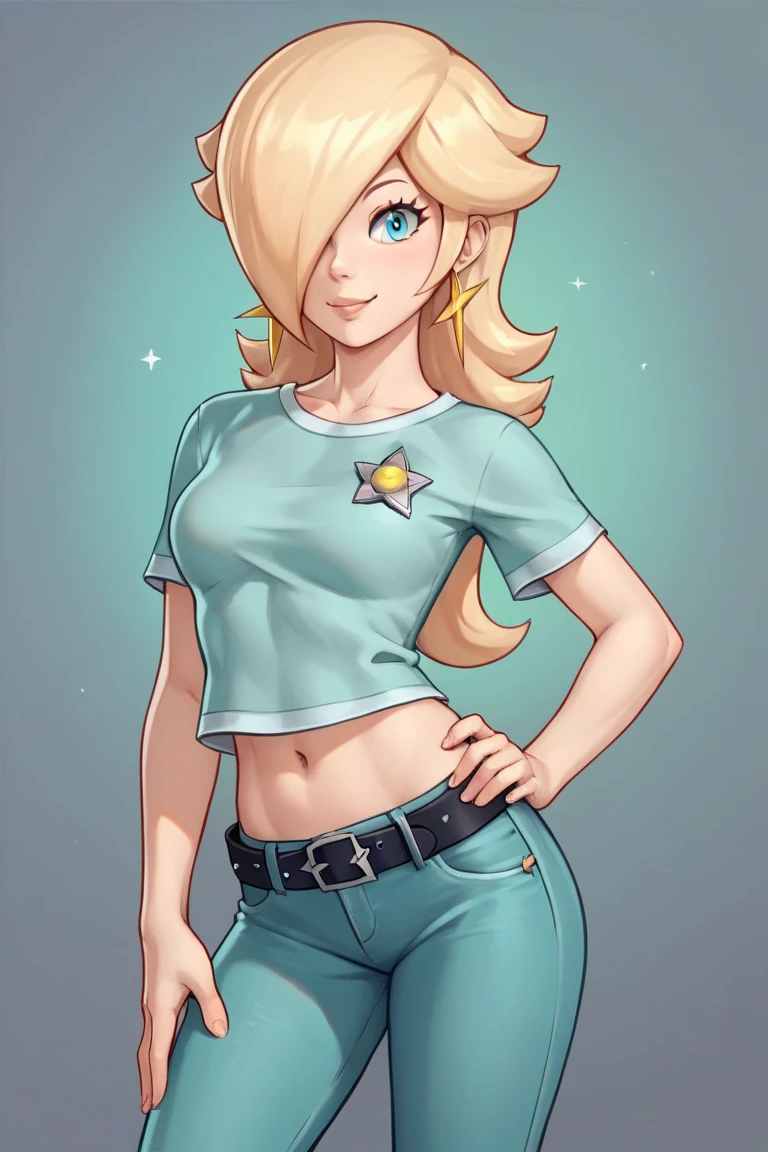 score_9, score_8_up, score_7_up, source_anime, rosalina, blonde hair, blue eyes, hair over one eye, long hair, star earrings, solo, cowboy shot, black t-shirt, taut clothes, tight shirt, midriff, navel, jeans, black belt, smile, hand on hip