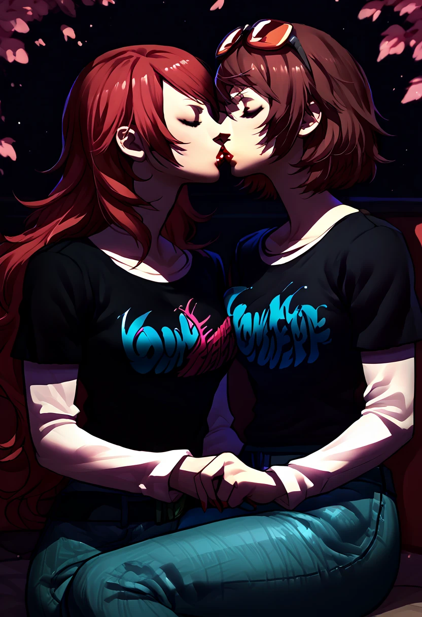 2 girls, sunglasses on head, lipstick, black t-shirt, clothes writing, layered sleeves, large breasts, jeans, Mitsuru Kirijo, Yukari Takeba, brown hair, red hair, kissing