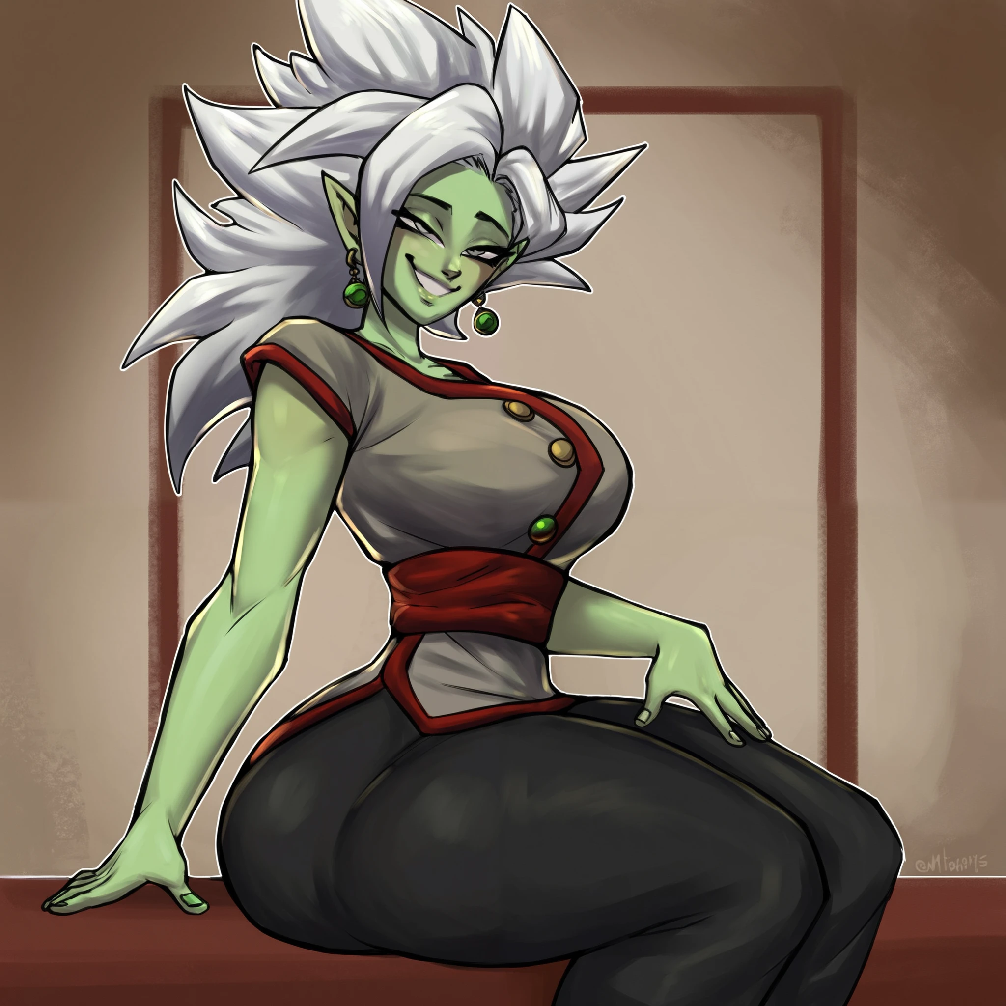 score_9, score_8_up, score_7_up 1girl, solo, large breasts, colored skin, green skin, spiked hair, white hair, grey eyes, earrings, dougi,  really skinny, 20 years old,  long majestic hair,looking at the camera,  potara earrings, green earrings, grey tunic, nothing under tunic, shoulder pads, red trim, gold button, red sash, baggy pants, black pants, hourglass figure, ahegao, up, from behind, ass focus, wide hips, thick thighs, huge ass,  hand on ass, looking at viewer, smile, half-closed eyes, indoors, sitting, cowboy shot


