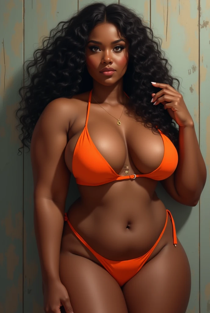 A dark ebony skinned big breasted girl, in an orange bikini