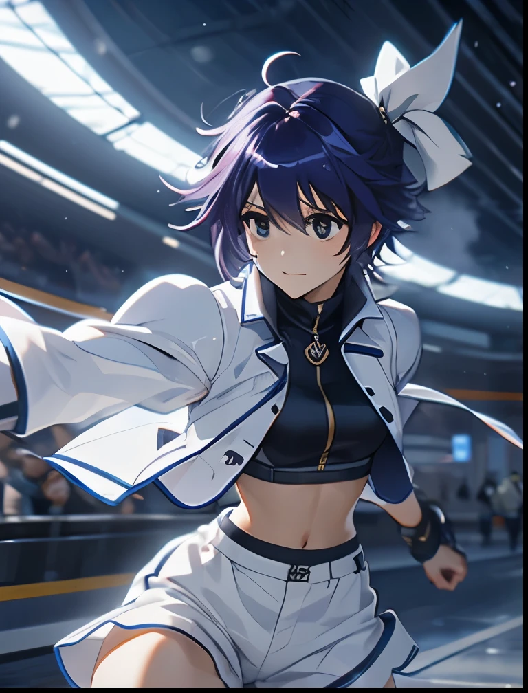 (((SFW、Precision、Highest quality、A first-class masterpiece、Normal body、8k、 Detailed Face 、Ultra-precision、 Normal hand、5refer to、Highest)))、"Magical Girl Lyrical Nanoh"、Subaru-Nakajima 、Navy Hair、 Shorthair、、 Magical Girl 、Nipple See-through See-through Navel Ultrathin Sports Shirt、White jacket、 white and black shorts 、white headband、Open leg upper kick、 Rollerblading 、Revolver Knuckles 、 full of energy、Boar raging