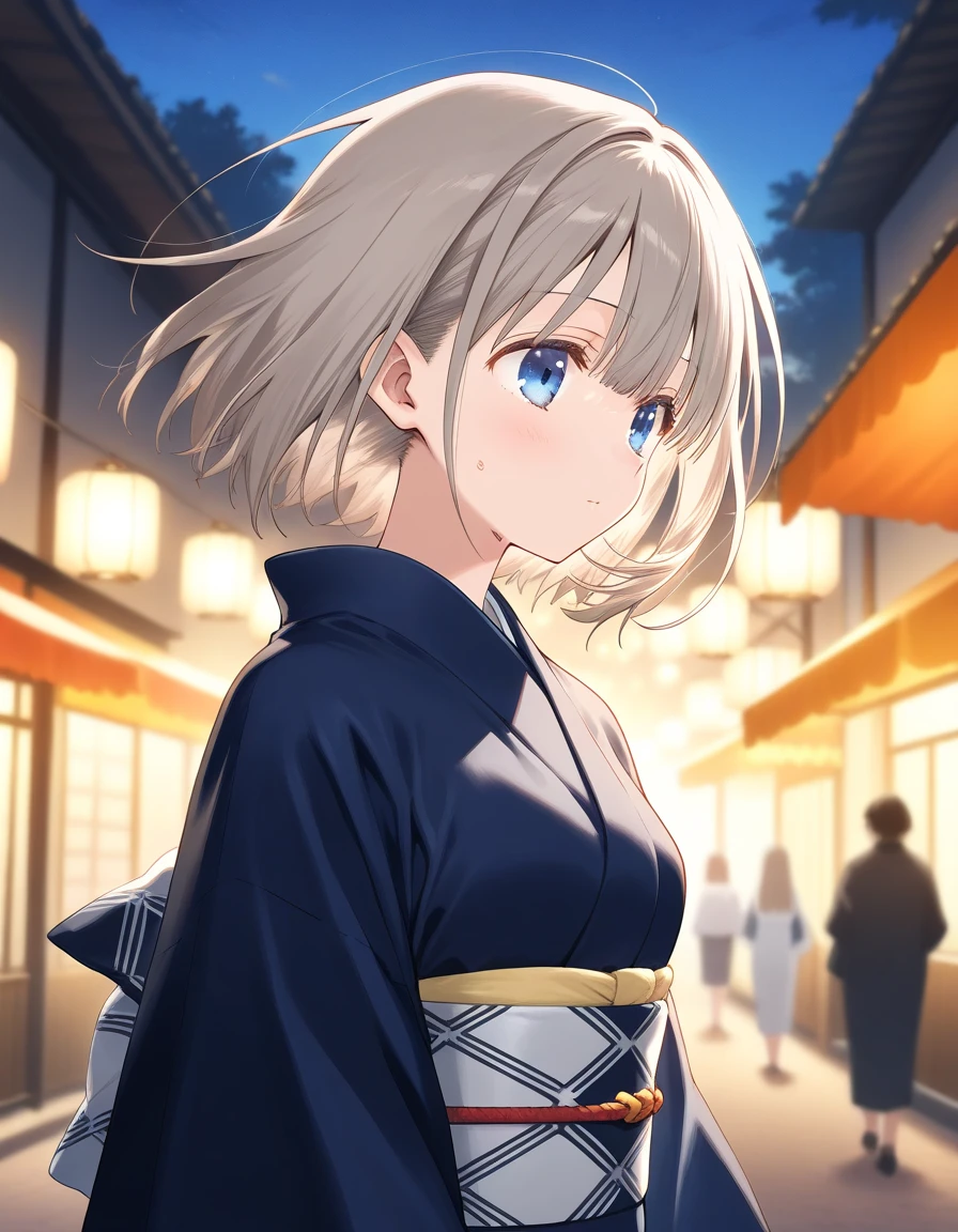  One girl , Serizawa_Asahi,   ,  Shorthair,  gray hair,  blue eyes,  beautiful detailed eyes,  small breasts,   open mouse, sweat,  outdoors on the street at night, wind, Game CG break ,(( artist :_)),( artist :Mitsumi_Misato),( artist : Fujiyama ),,(masterpiece), ( top quality ), ( Ultra Detailed),   very aesthetic  , up to date, BEAUTY ILLUSTRATION , super detailed skins,  (masterpiece), ( top quality ), ( Ultra Detailed),   very aesthetic   lighting,hi resolution, absurd_resolution,2023,2024,(There is a shadow), digital media  ( artwork),  realistic lighting , 4K, 8k,photoshop_( skindent),, Best Anime 8k Konachan Wallpaper,  pixiv contest winning work wearing a kimono dress