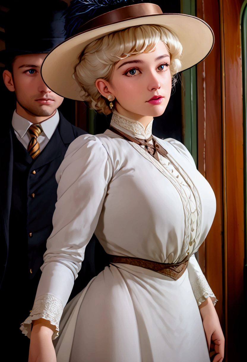 a voluptuous 14yo blonde gibson girl, (((seducing an unattractive horny 69yo man standing behind her))), inside a train, year 1903, 1900_dr3ss. Girl wearing an elegant Edwardian gown and wide-brimmed hat. Man wearing a suit. Teen girl and Old Man. photorealistic, dramatic lighting, cinematic, intricate details, high quality, masterpiece, vivid colors, HDR, UHD, studio lighting, ultra-fine painting, sharp focus, extreme detail description, professional, portraits, warm color tones. Dry-hump, NSFW