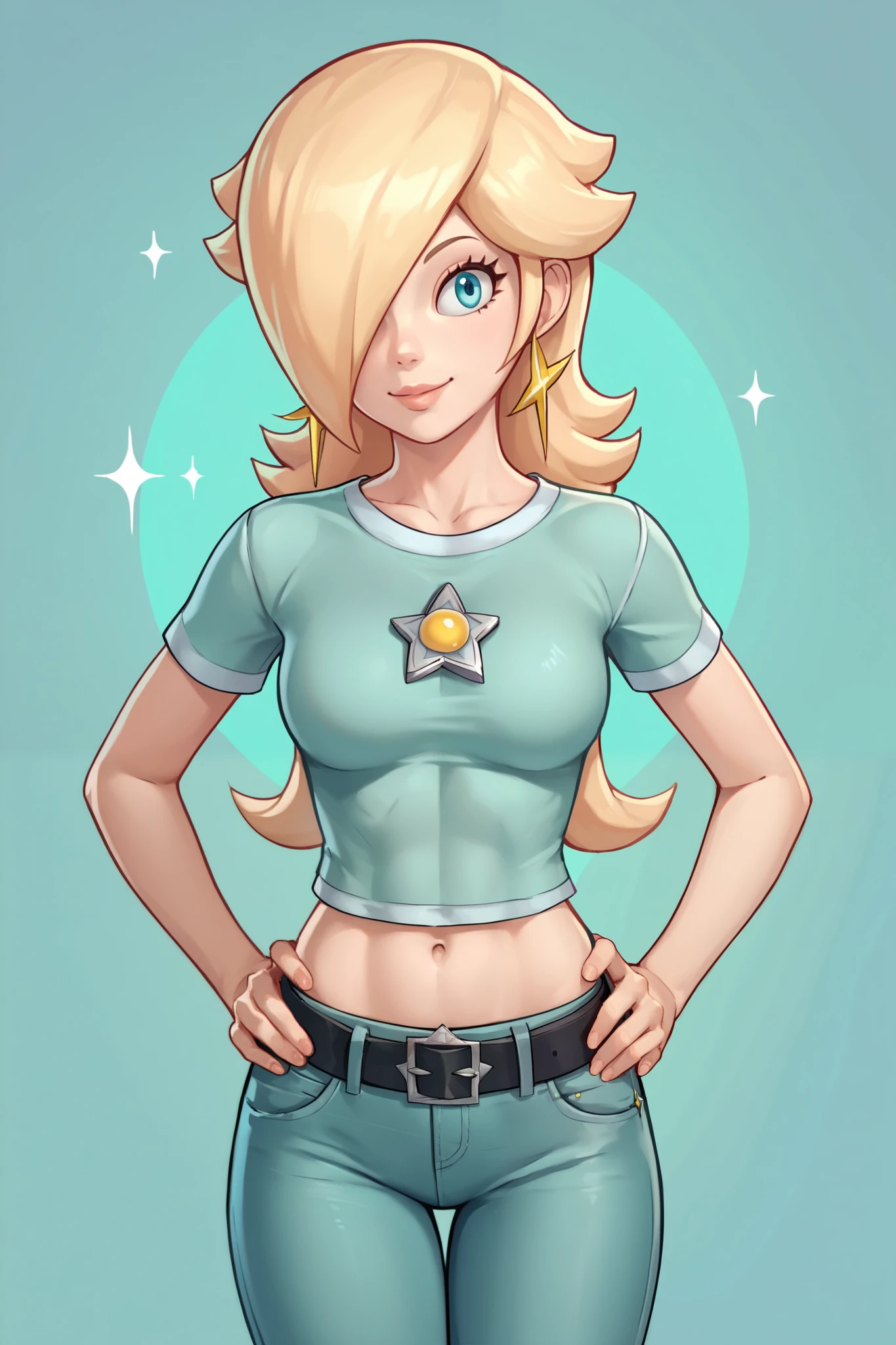 score_9, score_8_up, score_7_up, source_anime, rosalina, blonde hair, blue eyes, hair over one eye, long hair, star earrings, solo, cowboy shot, black t-shirt, taut clothes, tight shirt, midriff, navel, jeans, black belt, hands on hips, smile