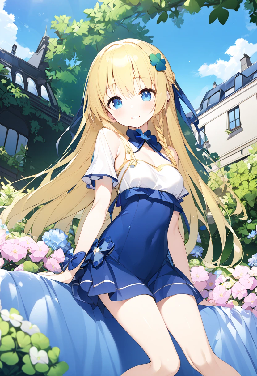  Masterpiece、 very young girl 、 Extremely small bust 、 slender body、Thin legs、 cobalt blue eyes 、Bright yellow long hair、 braid long hair、Clover's single hair ornament、 blue sky、 Mansion garden、smile、A little blush