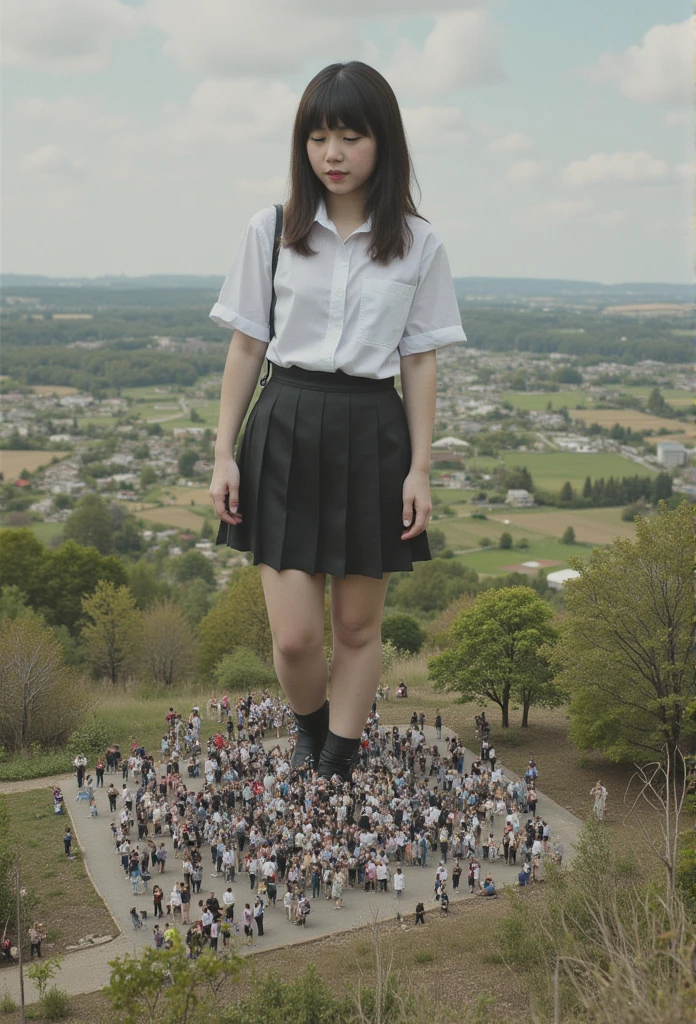  amazing realism， escapes from Lilliput, a giant woman bravely invades the country， detailed footage of advanced giants ，Detailed footage of a giant woman ，Giantess Art， high school girl，Short sleeve，（（（ interacting with a giant woman many small people 々）））、 Miniature People 々、A large number of people々A giant woman overlooking 