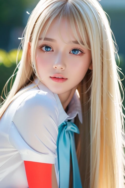  portrait、A beautiful blonde girl who is so white、PWA、School uniform、 ponytail、 young, shiny, radiant white shiny skin、Cheek highlight、The best beauty、 crystal clear blonde hair with dazzling highlights、 shiny bright hair ,、 Super Long Silky Straight Hair 、Shining beautiful bangs、very beautiful very vivid bright mint ice white blue iris、big bright vivid eyes like sparkling jewels 、White iris、very beautiful lovely cute first 々 a  girl with an innocent young face 、Ample Bust、bangs between the eyes,  hair that hides one eye,  shiny hair, Hair in the eyes, Small Face Beauty、Round face、Short face、 cheek gloss highlights、 long hair, bangs, Blonde,  very long hair, bangs between the eyes,  hair that hides one eye,  shiny hair, Super long hair, Hair in the eyes, Too much hair, 